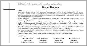 Traueranzeige von Bruno Kremer von WVW Anzeigenblätter