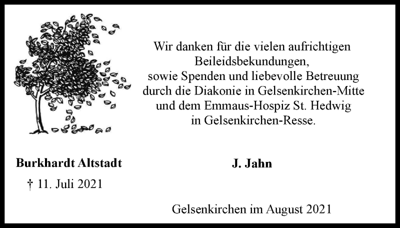  Traueranzeige für Burkhardt Altstadt vom 14.08.2021 aus WVW Anzeigenblätter