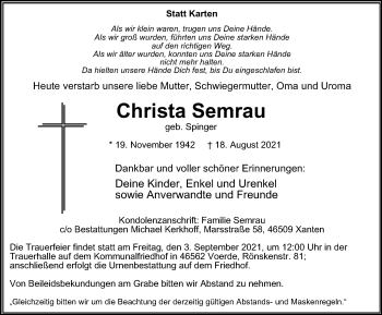Traueranzeige von Christa Semrau von WVW Anzeigenblätter