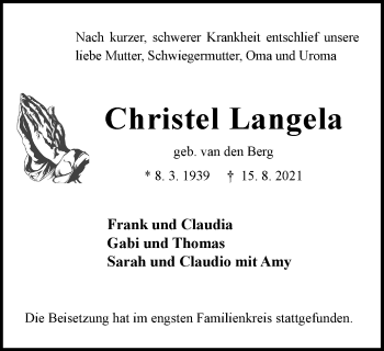 Traueranzeige von Christel Langela von WVW Anzeigenblätter