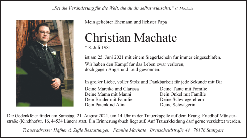  Traueranzeige für Christian Machate vom 14.08.2021 aus WVW Anzeigenblätter