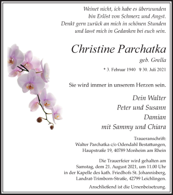 Traueranzeige von Christine Parchatka von WVW Anzeigenblätter