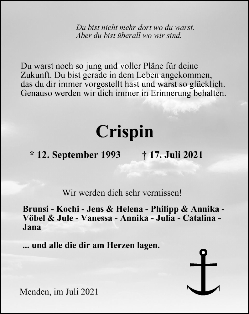  Traueranzeige für Crispin Röhling-Zerbs vom 04.08.2021 aus WVW Anzeigenblätter