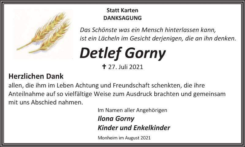  Traueranzeige für Detlef Gorny vom 28.08.2021 aus WVW Anzeigenblätter