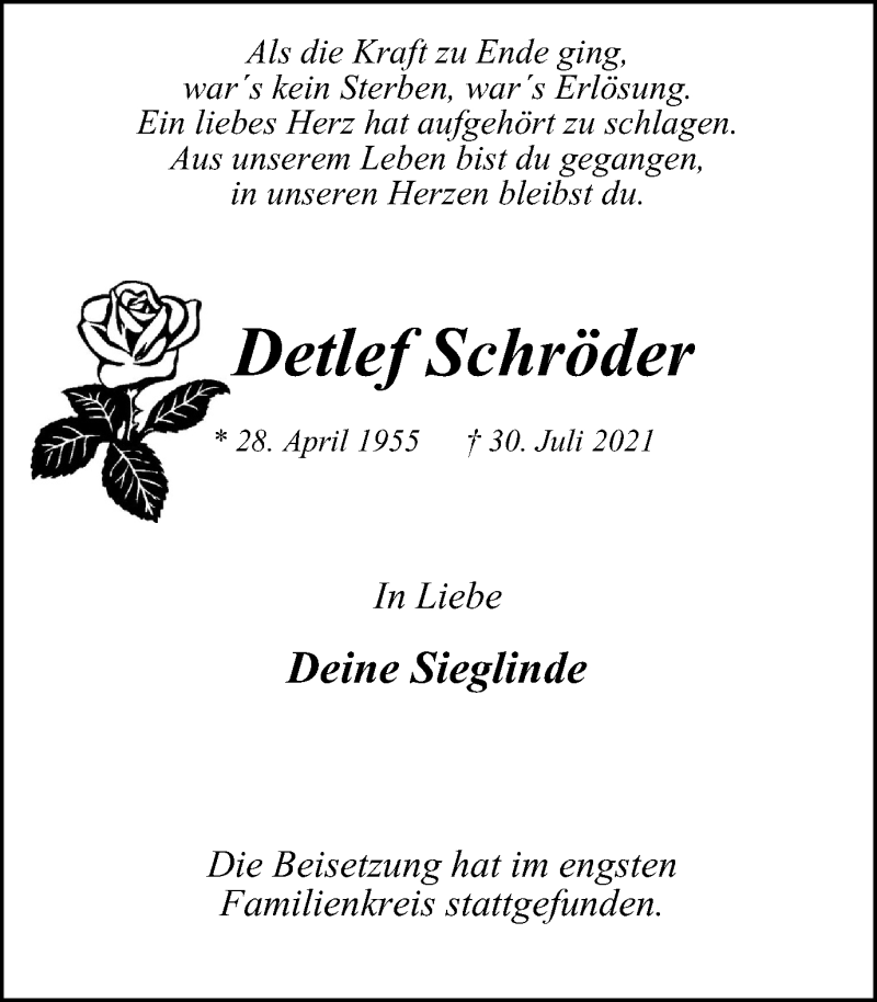  Traueranzeige für Detlef Schröder vom 21.08.2021 aus WVW Anzeigenblätter