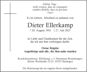 Traueranzeige von Dieter Ellerkamp von WVW Anzeigenblätter