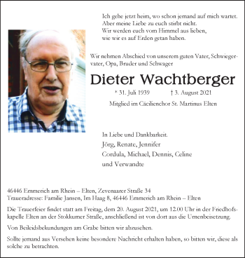 Traueranzeige von Dieter Wachtberger von WVW Anzeigenblätter