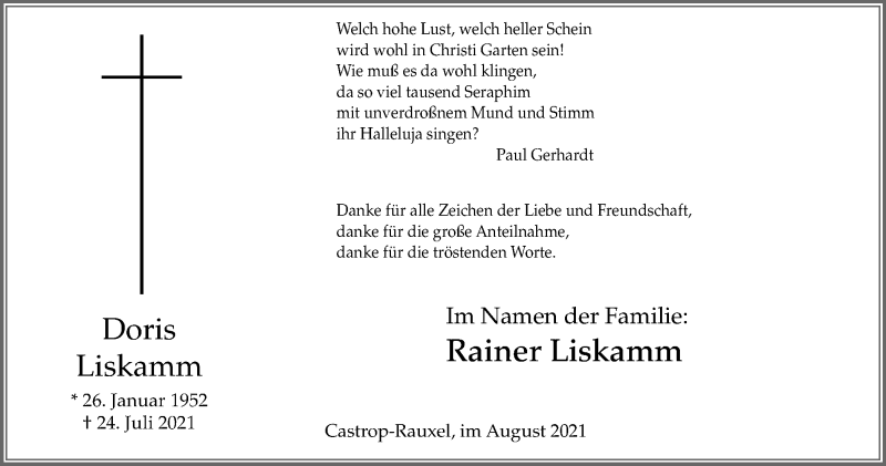  Traueranzeige für Doris Liskamm vom 28.08.2021 aus WVW Anzeigenblätter