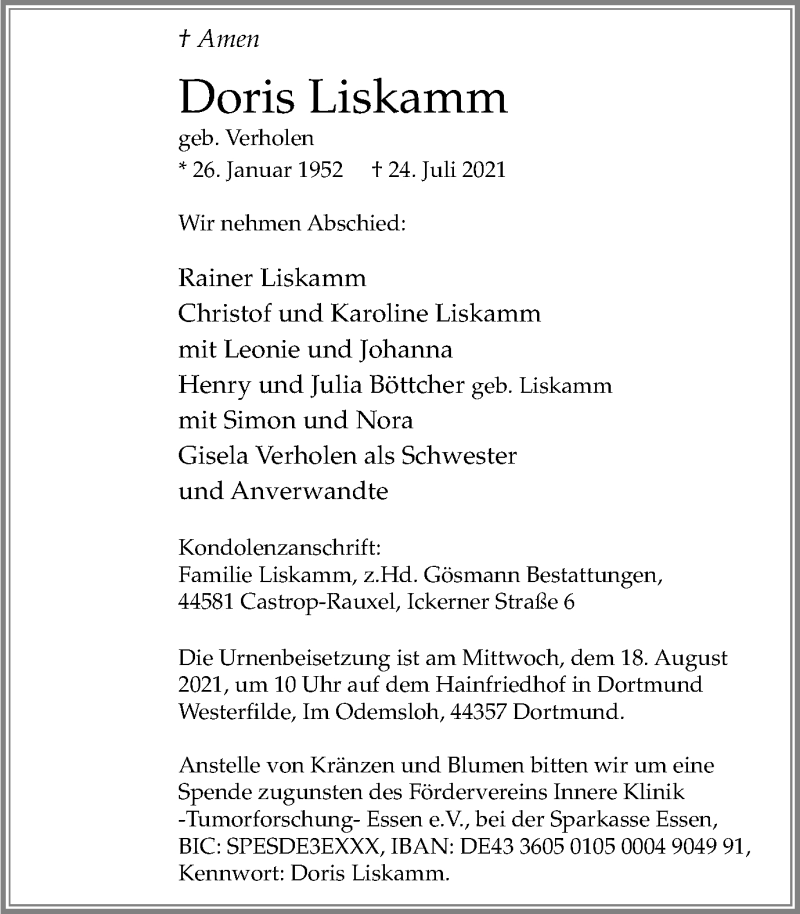  Traueranzeige für Doris Liskamm vom 07.08.2021 aus WVW Anzeigenblätter