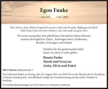 Traueranzeige von Egon Funke von WVW Anzeigenblätter