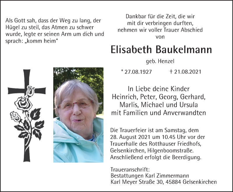 Traueranzeige für Elisabeth Baukelmann vom 25.08.2021 aus WVW Anzeigenblätter