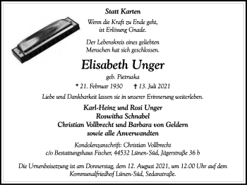 Traueranzeige von Elisabeth Unger von WVW Anzeigenblätter