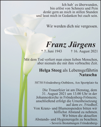 Traueranzeige von Franz Jürgens von WVW Anzeigenblätter