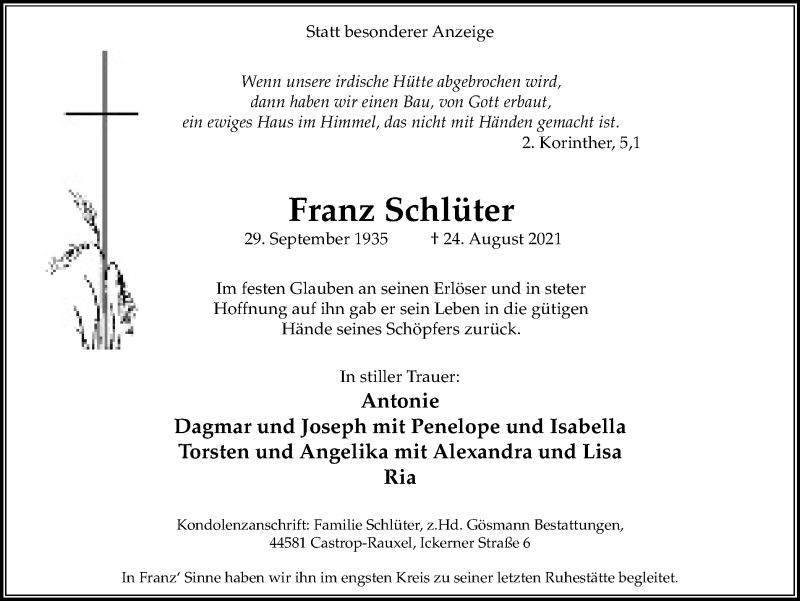  Traueranzeige für Franz Schlüter vom 28.08.2021 aus WVW Anzeigenblätter