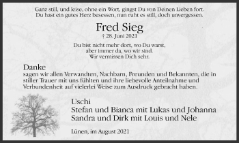 Traueranzeige von Fred Sieg von WVW Anzeigenblätter