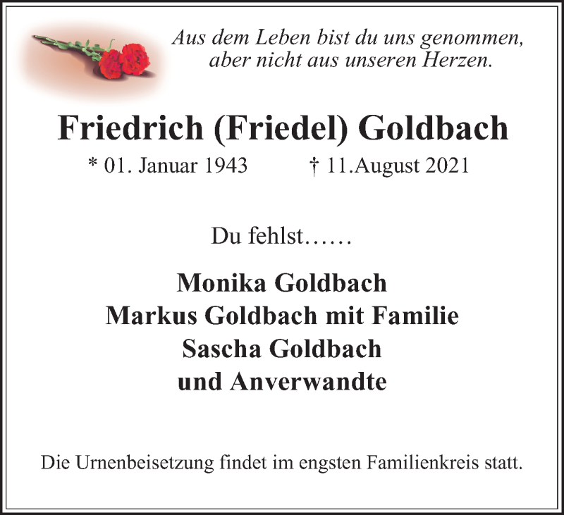  Traueranzeige für Friedrich Goldbach vom 28.08.2021 aus WVW Anzeigenblätter