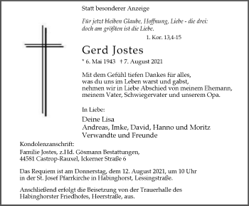 Traueranzeige von Gerd Jostes von WVW Anzeigenblätter