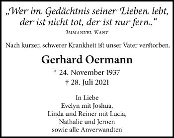 Traueranzeige von Gerhard Oermann von WVW Anzeigenblätter