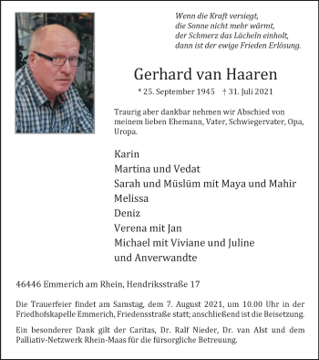 Traueranzeige von Gerhard van Haaren von WVW Anzeigenblätter