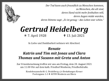 Traueranzeige von Gertrud Heidelberg von WVW Anzeigenblätter