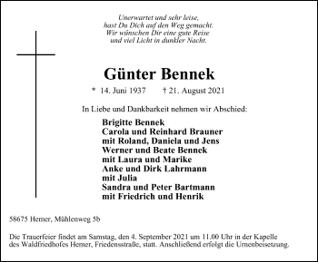 Traueranzeige von Günter Bennek von WVW Anzeigenblätter