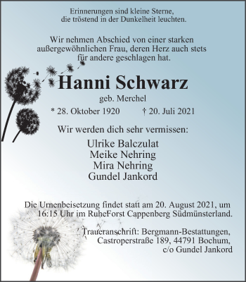 Traueranzeige von Hanni Schwarz von WVW Anzeigenblätter