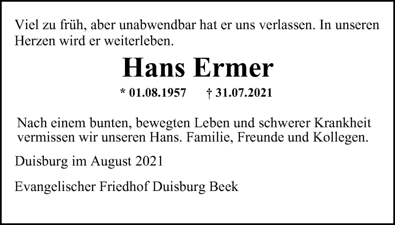  Traueranzeige für Hans Ermer vom 11.08.2021 aus WVW Anzeigenblätter