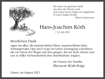 Traueranzeige von Hans Joachim Köth von WVW Anzeigenblätter