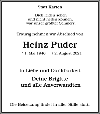 Traueranzeige von Heinz Puder von WVW Anzeigenblätter