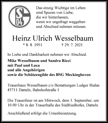 Traueranzeige von Heinz Ulrich Wesselbaum von WVW Anzeigenblätter