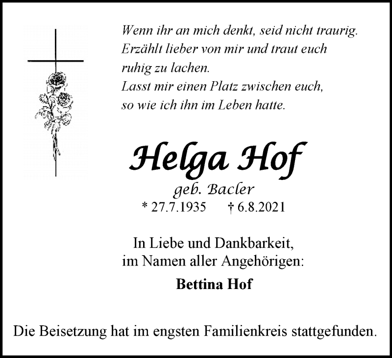  Traueranzeige für Helga Hof vom 28.08.2021 aus WVW Anzeigenblätter