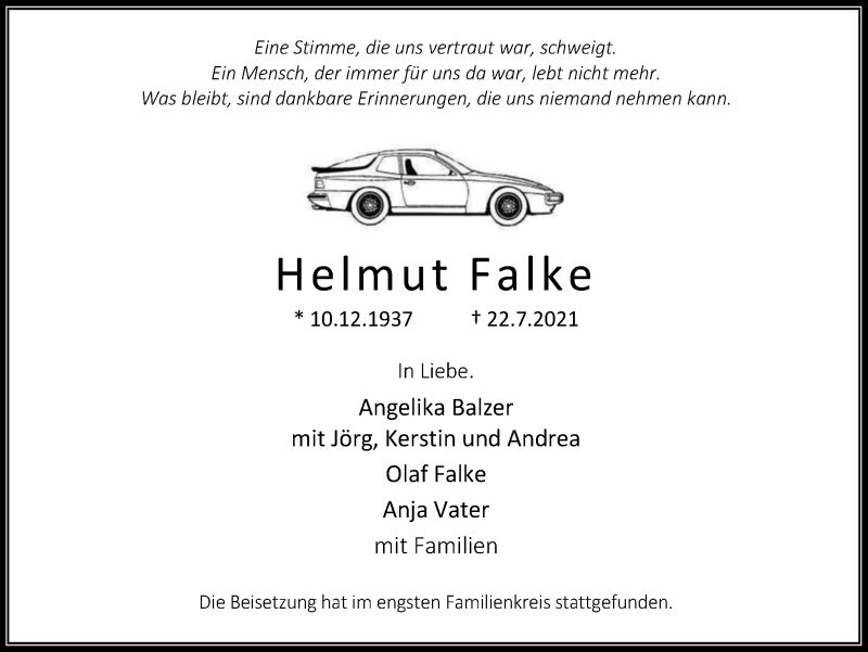 Traueranzeige für Helmut Falke vom 07.08.2021 aus WVW Anzeigenblätter