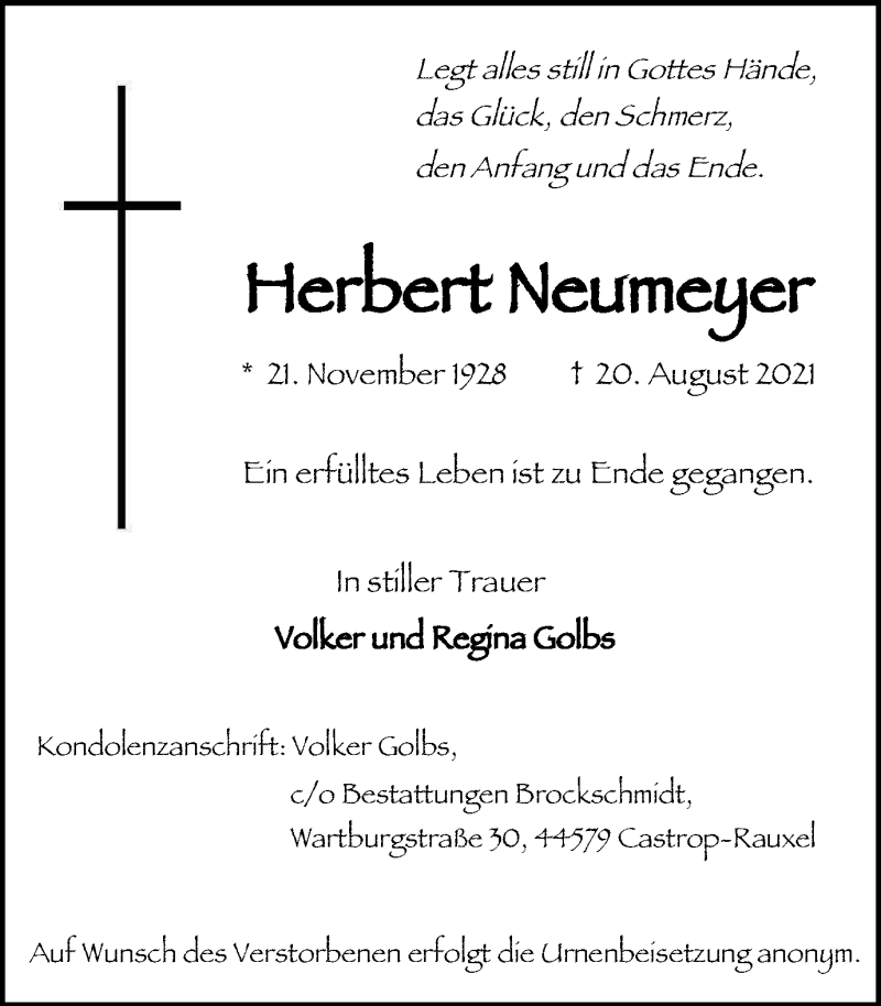  Traueranzeige für Herbert Neumeer vom 28.08.2021 aus WVW Anzeigenblätter