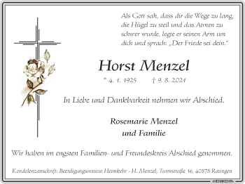 Traueranzeige von Horst Menzel von WVW Anzeigenblätter