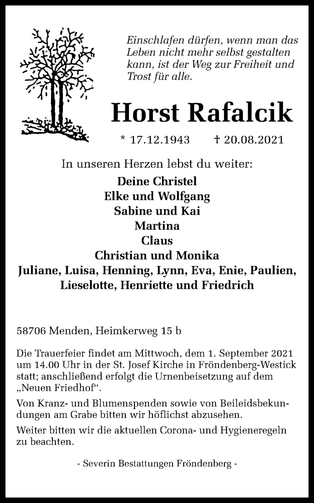  Traueranzeige für Horst Rafalcik vom 28.08.2021 aus WVW Anzeigenblätter