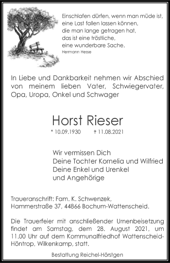 Traueranzeige von Horst Rieser von WVW Anzeigenblätter