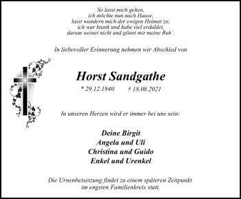 Traueranzeige von Horst Sandgathe von WVW Anzeigenblätter