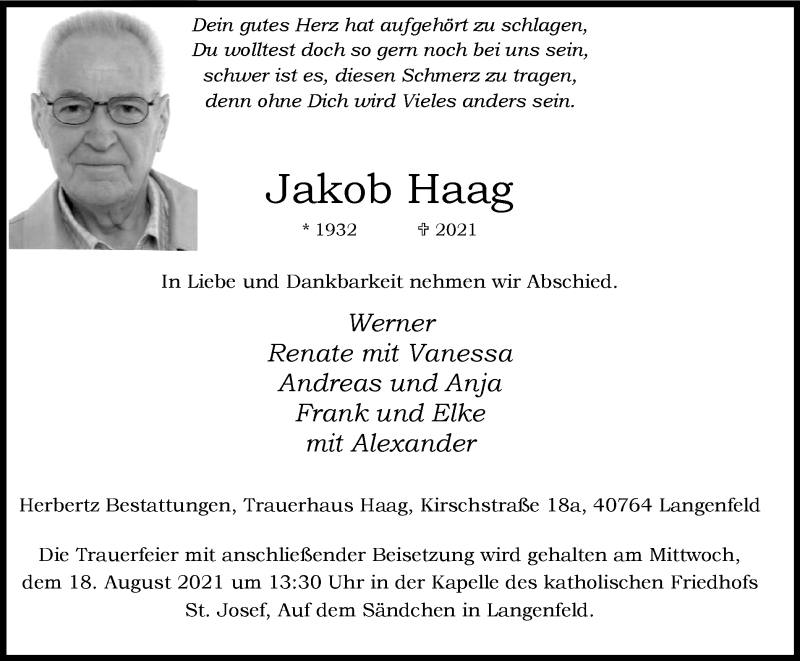  Traueranzeige für Jakob Haag vom 14.08.2021 aus WVW Anzeigenblätter