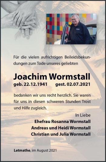 Traueranzeige von Joachim Wormstall von WVW Anzeigenblätter