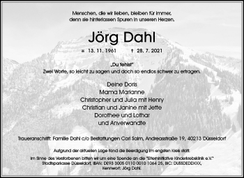 Traueranzeige von Jörg Dahl von WVW Anzeigenblätter