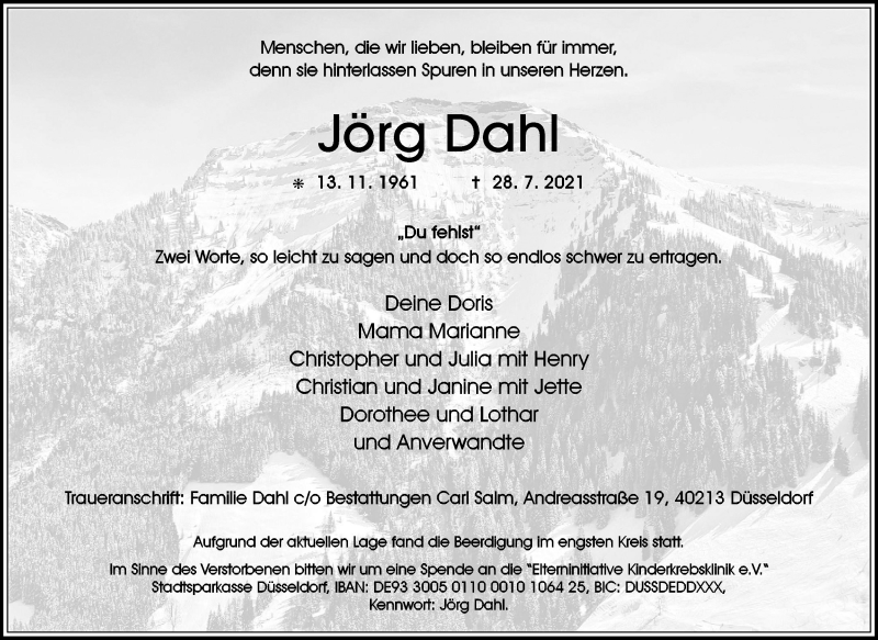  Traueranzeige für Jörg Dahl vom 07.08.2021 aus WVW Anzeigenblätter