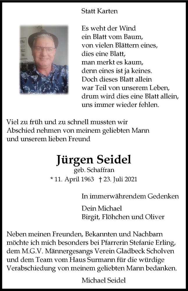  Traueranzeige für Jürgen Seidel vom 14.08.2021 aus WVW Anzeigenblätter