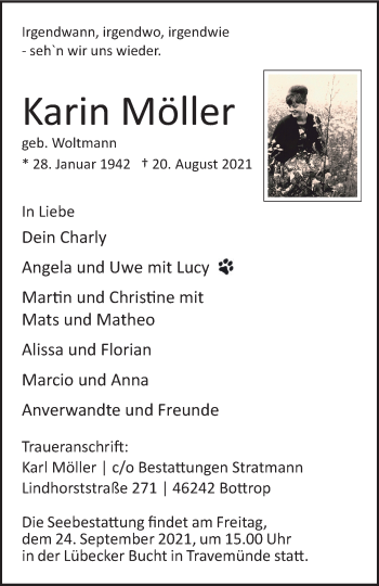 Traueranzeige von Karin Möller von WVW Anzeigenblätter