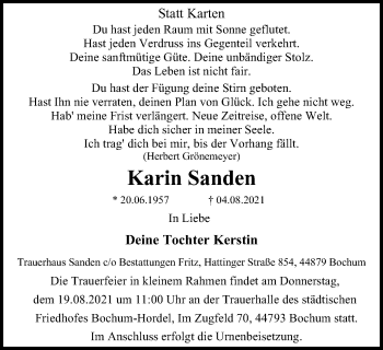 Traueranzeige von Karin Sanden von WVW Anzeigenblätter