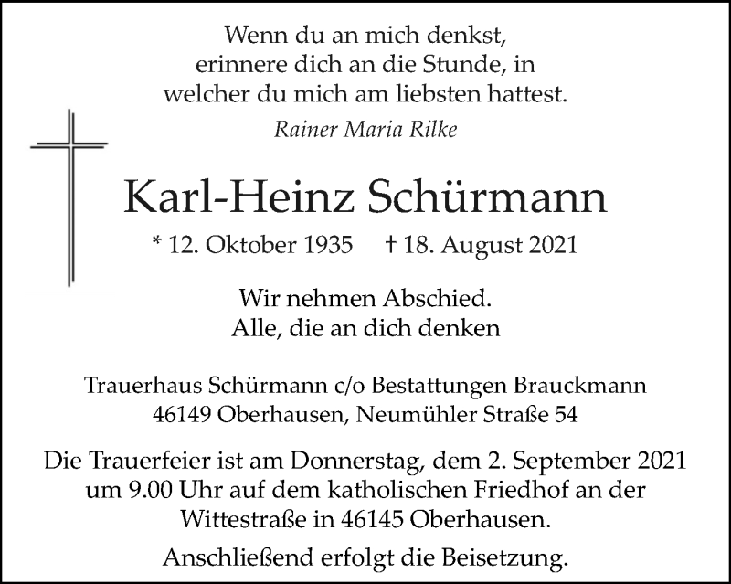 Traueranzeige für Karl-Heinz Schürmann vom 28.08.2021 aus WVW Anzeigenblätter
