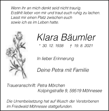Traueranzeige von Klara Bäumler von WVW Anzeigenblätter