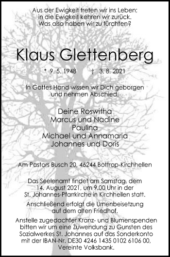 Traueranzeige von Klaus Glettenberg von WVW Anzeigenblätter