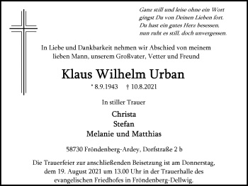 Traueranzeige von Klaus Wilhelm Urban von WVW Anzeigenblätter