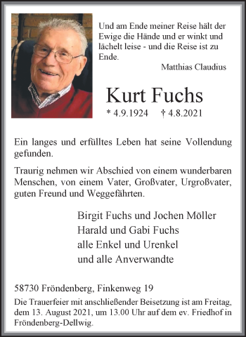 Traueranzeige von Kurt Fuchs von WVW Anzeigenblätter