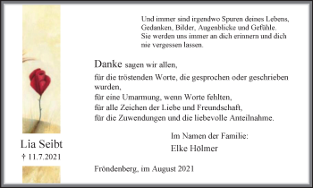 Traueranzeige von Lia Seibt von WVW Anzeigenblätter